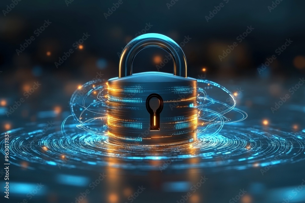 Poster a high-tech lock surrounded by swirling data streams showing layers of protection, symbolizing advan