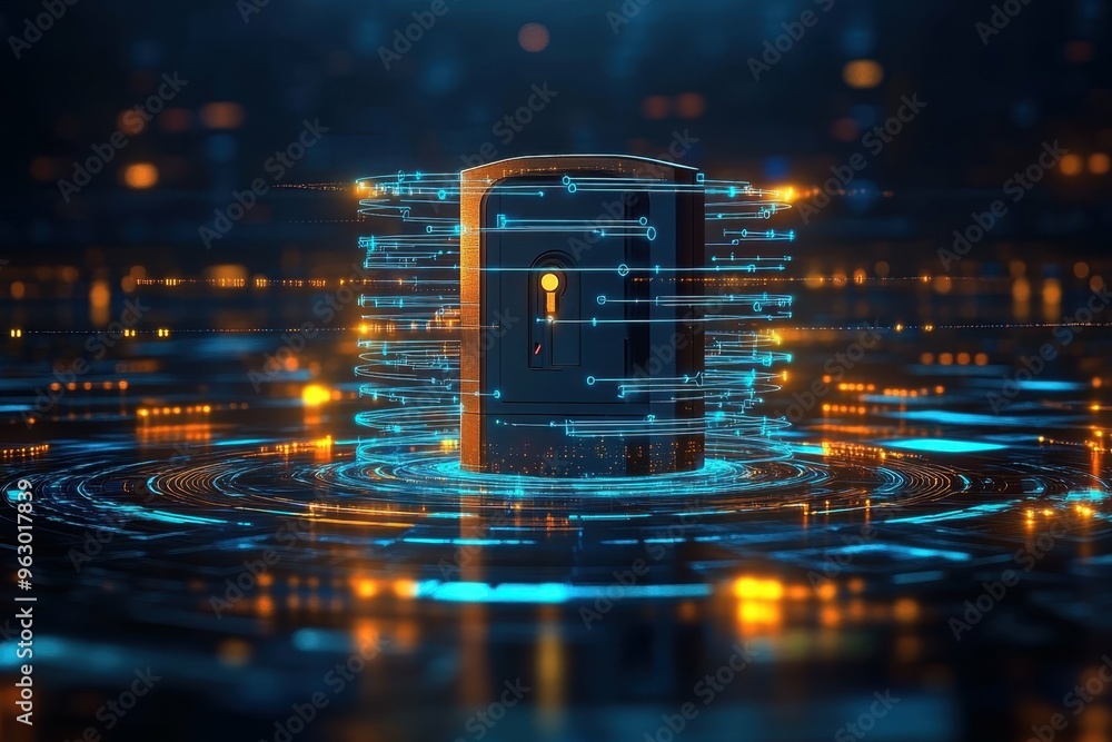 Poster a high-tech lock surrounded by swirling data streams showing layers of protection, symbolizing advan