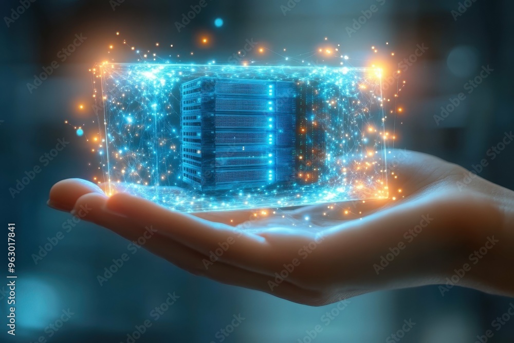 Poster a hologram of a secure server rack in a hand surrounded by layers of protective light, illustrating 