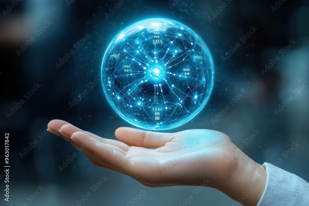 Poster a holographic globe floating above a hand with secure data nodes spread across it, reflecting the gl
