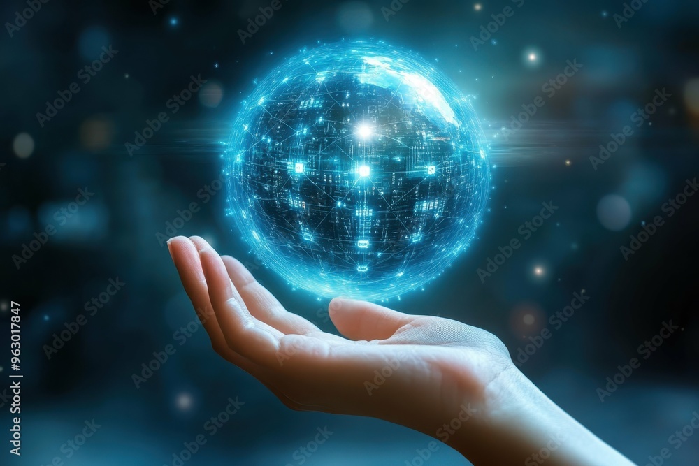 Poster a holographic globe floating above a hand with secure data nodes spread across it, reflecting the gl