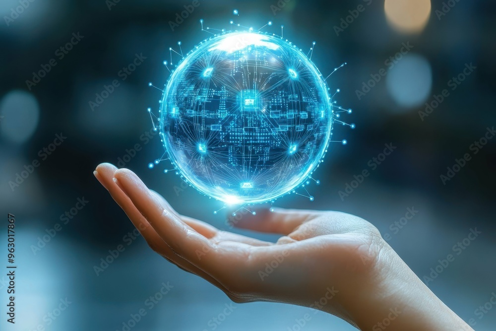Poster a holographic globe floating above a hand with secure data nodes spread across it, reflecting the gl