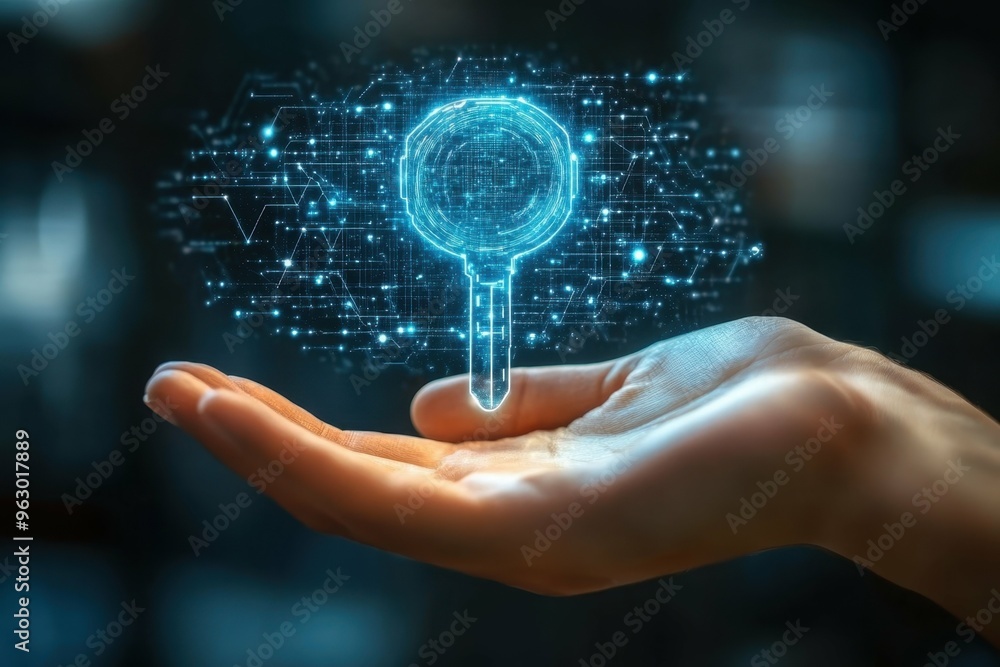 Poster a holographic key floating above a hand with digital data lines flowing around it, representing the 