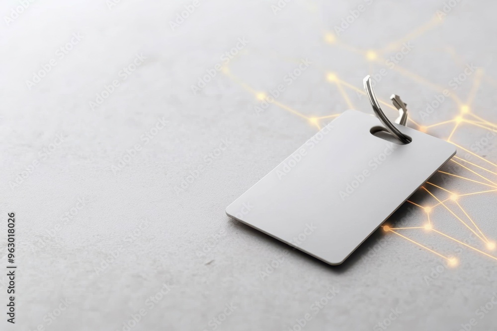 Poster a keycard resting on a plain surface connected by glowing lines to a digital pattern beneath, indica