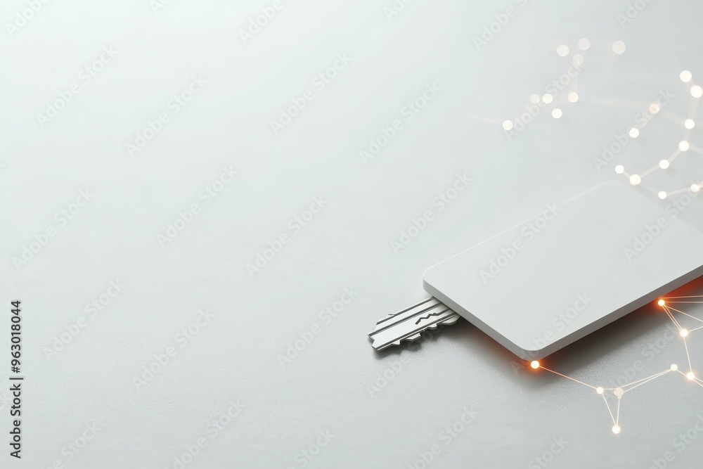 Aufkleber a keycard resting on a plain surface connected by glowing lines to a digital pattern beneath, indica
