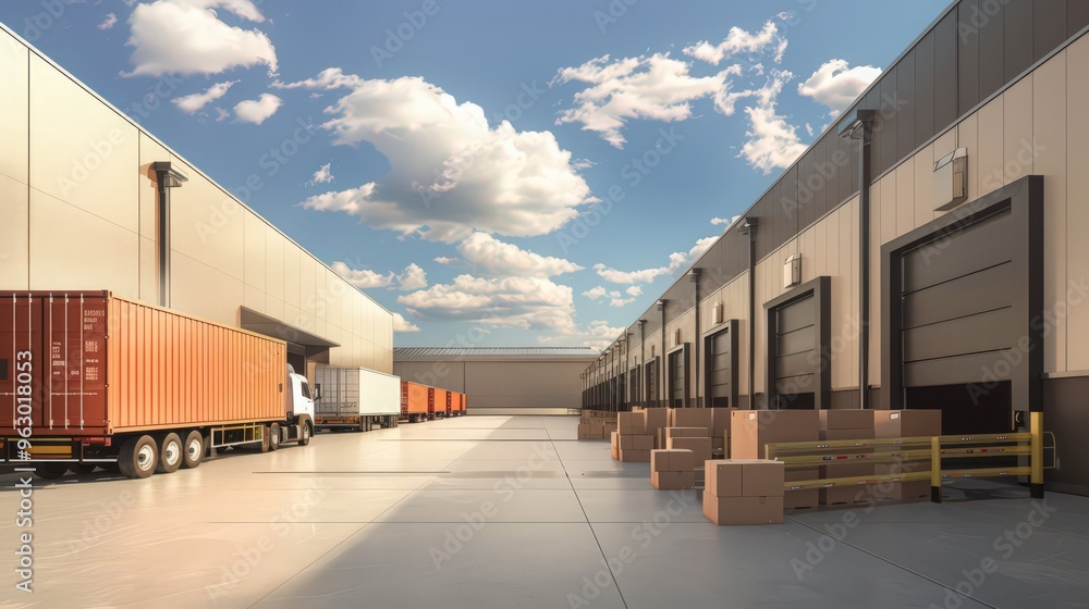 Aufkleber warehouse loading dock with trucks being loaded with packages and shipping containers, showcasing th