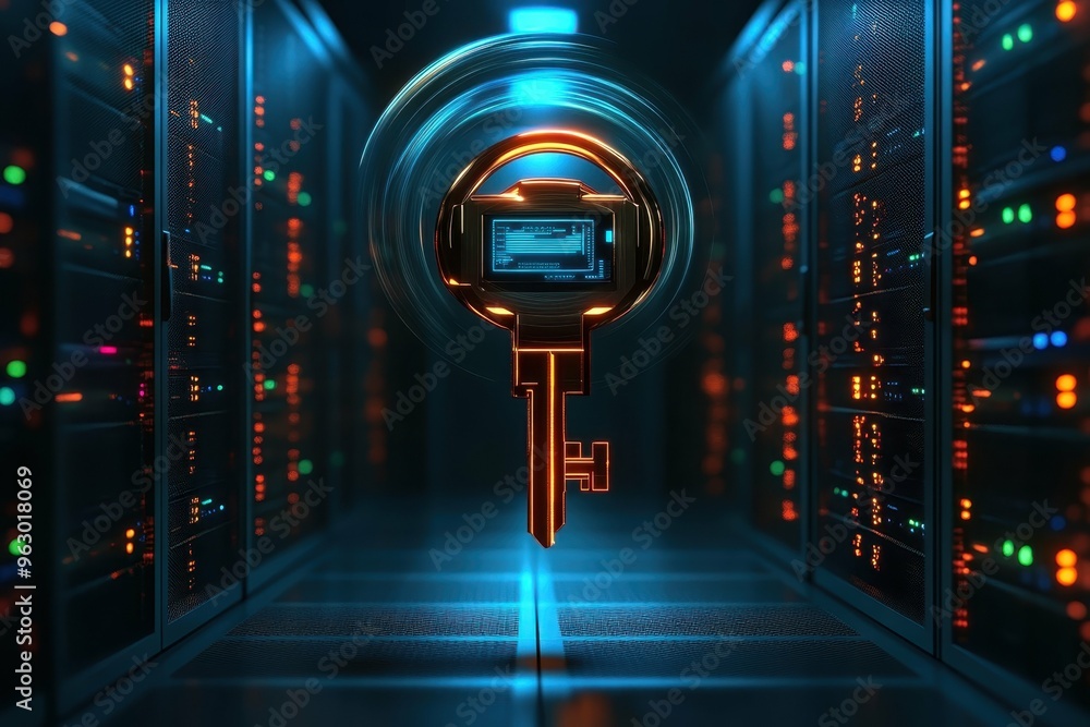 Poster a metallic futuristic key spinning above a secure server room showing access control, illustrating t