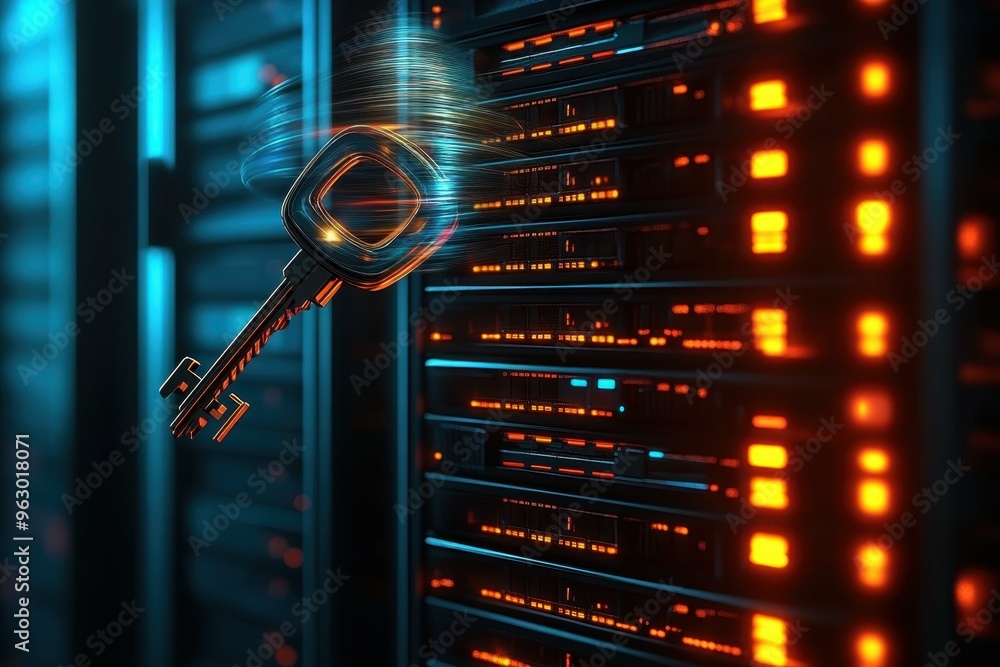 Poster a metallic futuristic key spinning above a secure server room showing access control, illustrating t