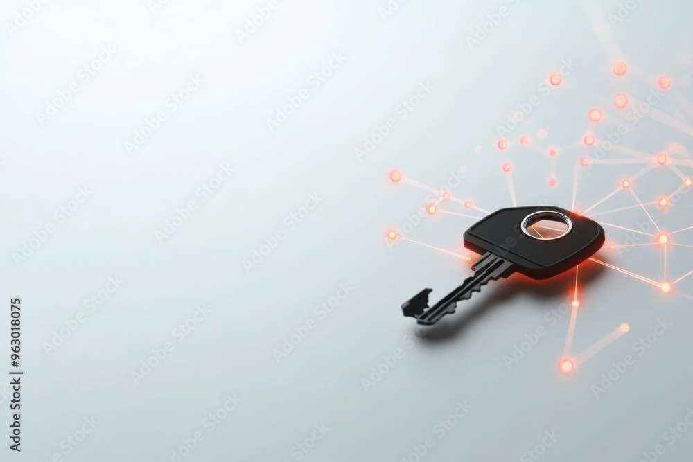 Poster a keycard resting on a plain surface connected by glowing lines to a digital pattern beneath, indica
