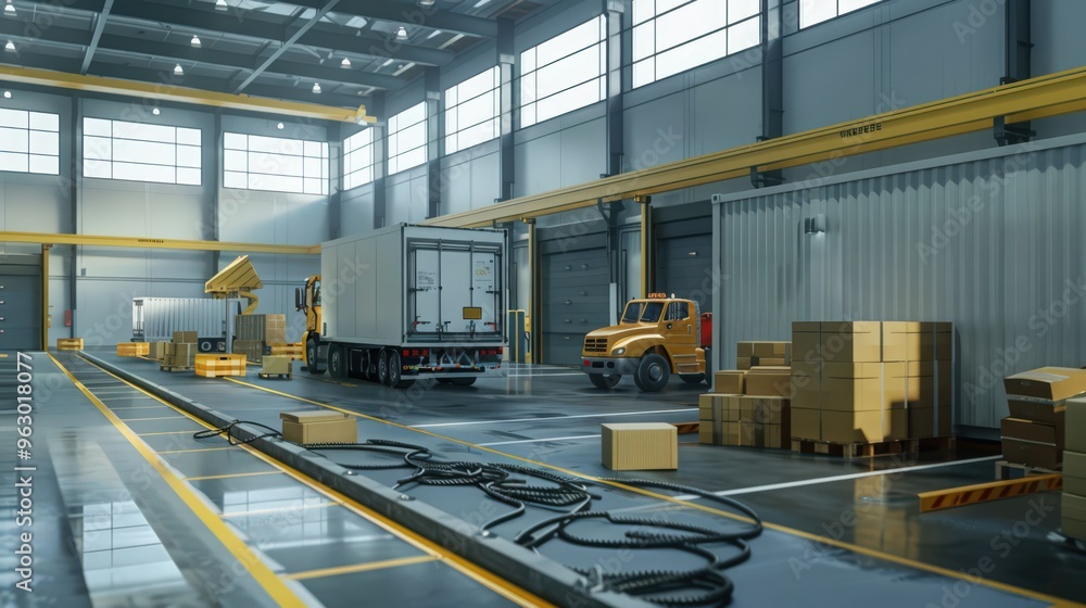 Aufkleber warehouse loading dock with trucks being loaded with packages and shipping containers, showcasing th