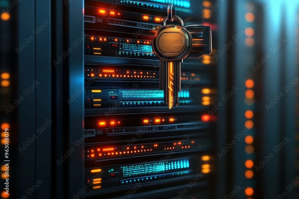Poster a metallic futuristic key spinning above a secure server room showing access control, illustrating t