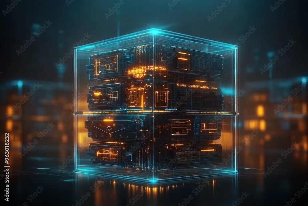Poster a transparent cube encasing intricate layered security mechanisms floating in a digital space, demon