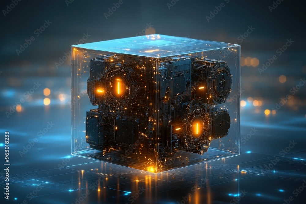 Poster a transparent cube encasing intricate layered security mechanisms floating in a digital space, demon