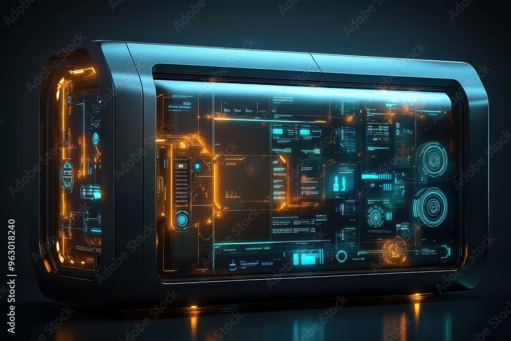 Poster a sleek futuristic safe with biometric locks and glowing symbols of encryption, highlighting modern 
