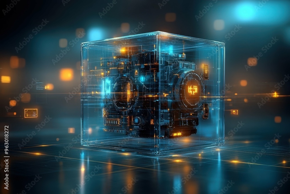 Poster a transparent cube encasing intricate layered security mechanisms floating in a digital space, demon