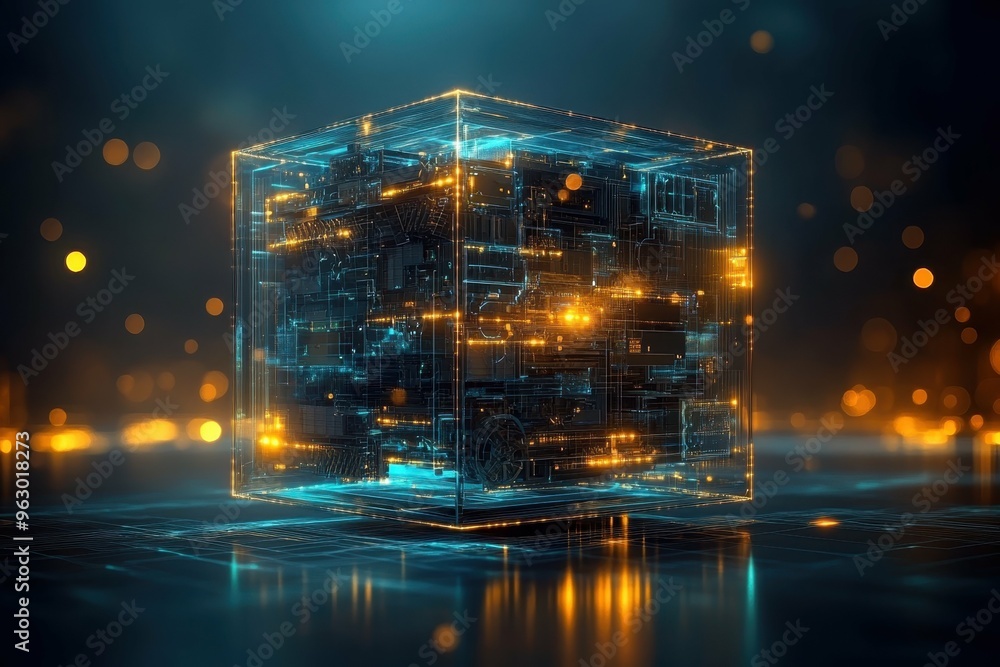Poster a transparent cube encasing intricate layered security mechanisms floating in a digital space, demon