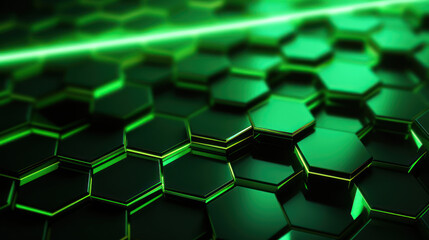 Green hexagon background. Honeycomb pattern made up of hexagonal shapes. Depth and three-dimensionality. Natural structures, tessellation in design, nanotechnology structures. Geometric wallpaper.