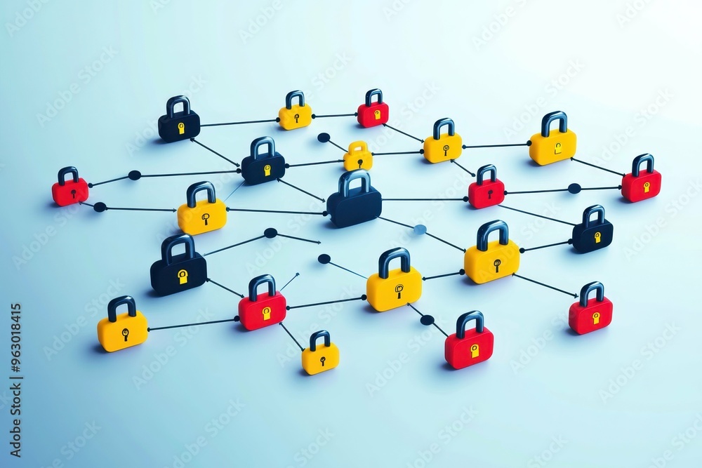 Poster minimalistic design with interconnected digital locks forming a protective grid over data, symbolizi