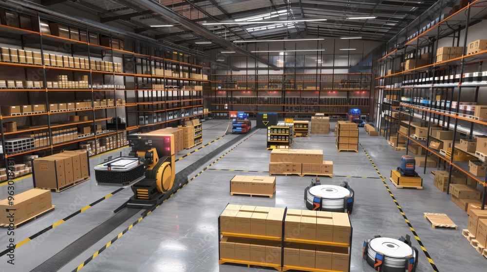 Poster a warehouse with automated shelving systems and robots sorting packages, representing advancements i