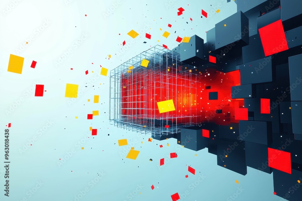 Poster virtual reality ideas. abstract 3d cubes structure floating in vibrant space futuristic technology b