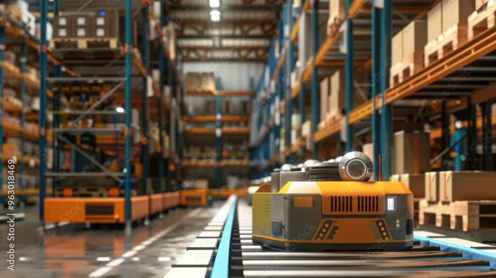 Poster a warehouse with automated shelving systems and robots sorting packages, representing advancements i