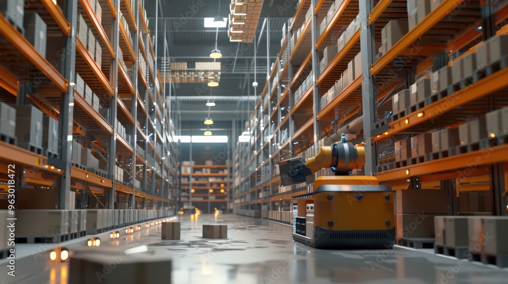 Poster a warehouse with automated shelving systems and robots sorting packages, representing advancements i