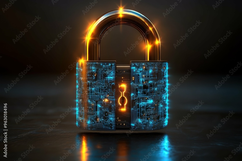 Poster a 3d representation of a lock with complex circuits woven through the surface protecting the inside,