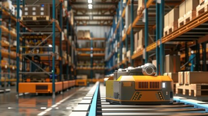 A warehouse with automated shelving systems and robots sorting packages, representing advancements in warehouse automation.