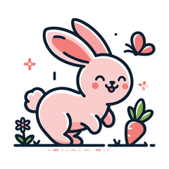 Cute cartoon bunny vector chasing a butterfly with a carrot nearby, a playful animal illustration for kids' design.