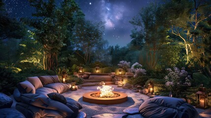 A warm and inviting firepit surrounded by comfortable outdoor seating, glowing warmly under a starlit sky, perfect for evening gatherings