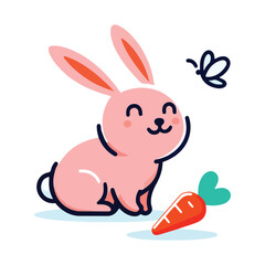 Cute cartoon bunny vector chasing a butterfly with a carrot nearby, a playful animal illustration for kids' design.