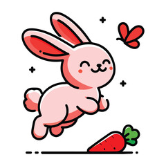 Cute cartoon bunny vector chasing a butterfly with a carrot nearby, a playful animal illustration for kids' design.