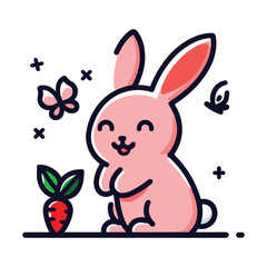 Cute cartoon bunny vector chasing a butterfly with a carrot nearby, a playful animal illustration for kids' design.