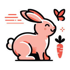 Cute cartoon bunny vector chasing a butterfly with a carrot nearby, a playful animal illustration for kids' design.