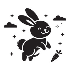 Black color vector silhouette Cute Cartoon Bunny with Carrot Illustration.