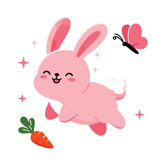 Cute cartoon bunny vector chasing a butterfly with a carrot nearby, a playful animal illustration for kids' design.
