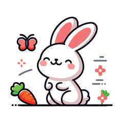 Cute cartoon bunny vector chasing a butterfly with a carrot nearby, a playful animal illustration for kids' design.