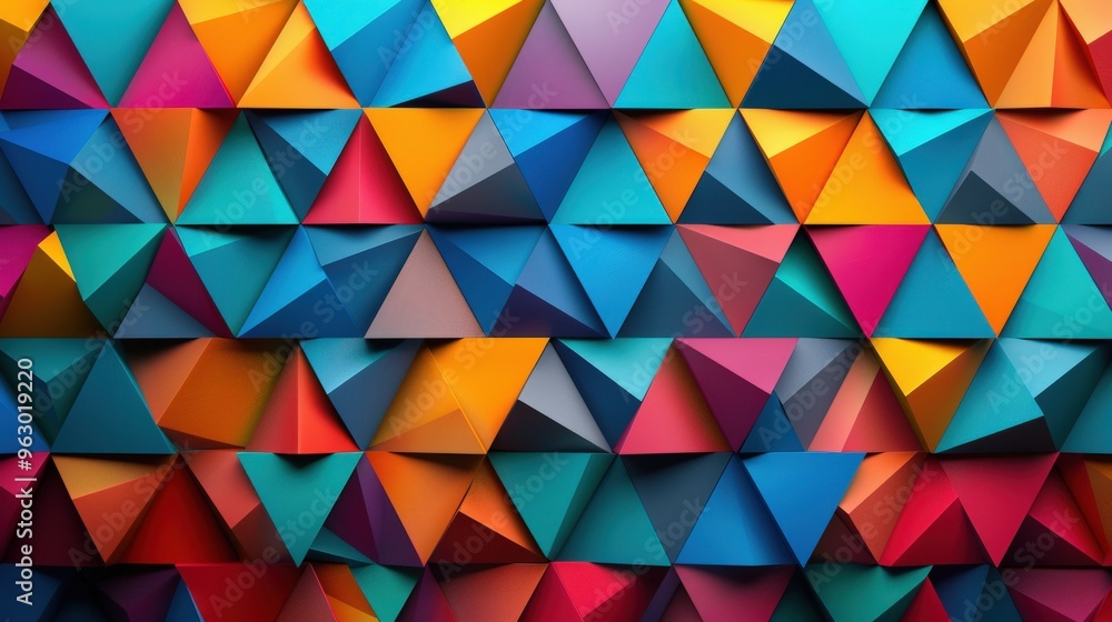 Poster dynamic abstract background featuring a pattern of overlapping triangles in vibrant, contrasting col