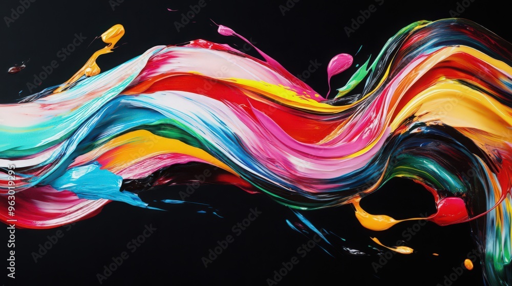 Poster a wave of colorful brush strokes forms a ribbon swirl, creating a captivating abstract splash effect