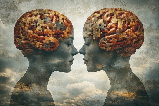 Brain aptitude Neurocortex Two individuals with puzzle piece brains facing each other symbolizing mental connection problem solving and shared intellectual pursuits