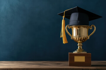 Elegant golden trophy cup with black graduation cap and diploma on wooden table, school achievement concept background with copy space for text