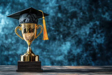 Elegant golden trophy cup with black graduation cap and diploma on wooden table, school achievement concept background with copy space for text