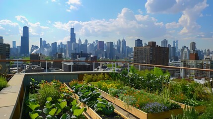 Fototapeta premium Rooftop Garden with Skyscraper City Skyline Background for Urban Natural Beauty Concept.