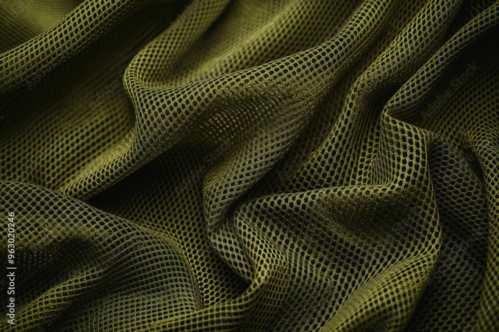 Poster close-up view of dark green fabric with unique texture. woven material features small holes creating