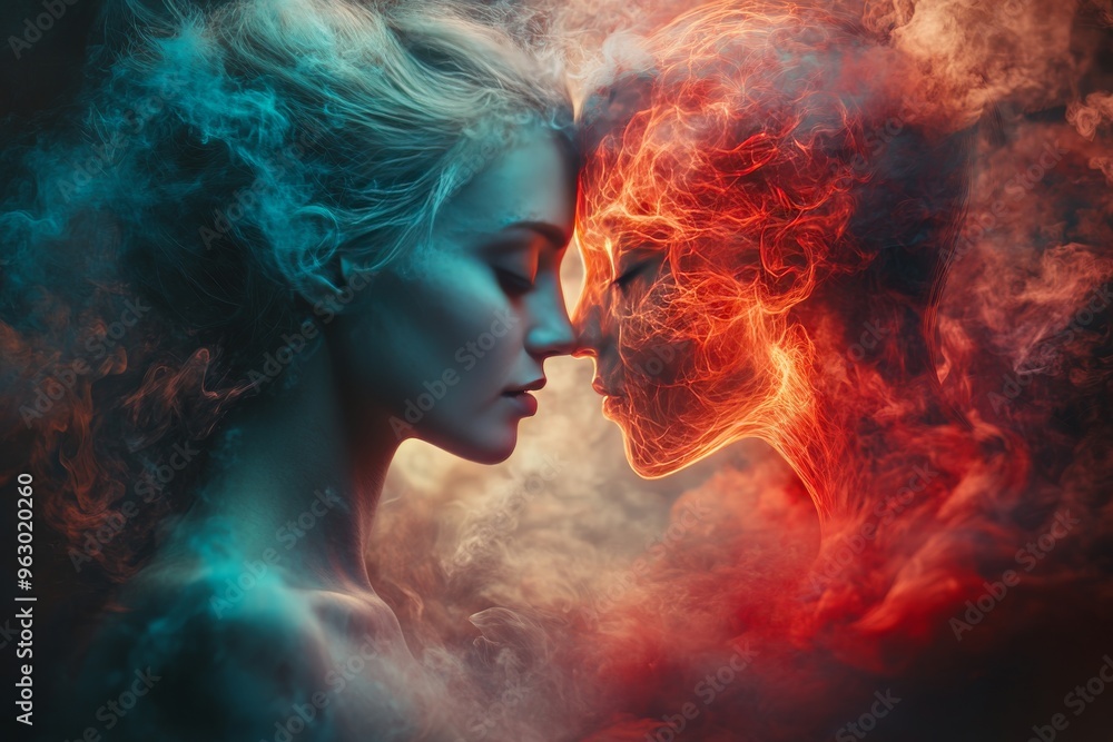 Poster cognitive intelligence neurocortex abstract profiles of two opposing figures one engulfed in blue an
