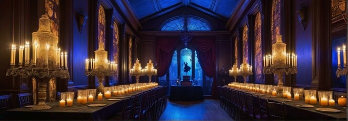 Fototapeta premium Candlelit Ballroom with Stained Glass Windows and Dramatic Lighting