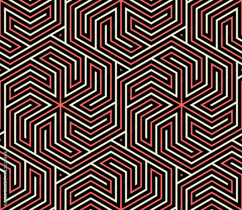 Wall mural Seamless striped pattern with interlocking twisted white, red, and black lines forming hexagon geometric shapes. Modern ethnic style. Maze design. Abstract vector illustration.