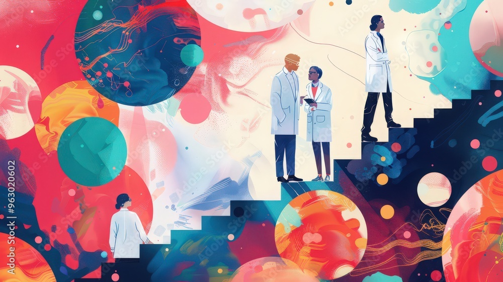 Poster artistic representation of a peer review process, illustrating how scientific findings are evaluated