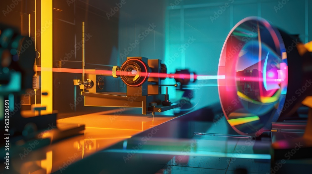 Poster artistic representation of a physics lab experiment on optics, featuring lenses, prisms, and light s