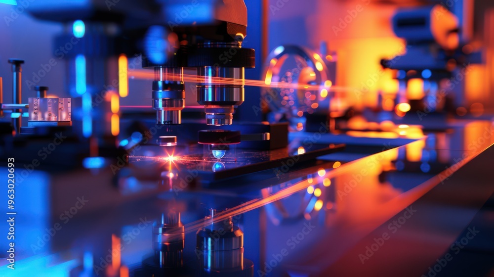 Poster artistic representation of a physics lab experiment on optics, featuring lenses, prisms, and light s
